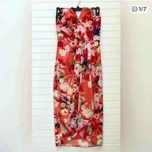 Yumi Kim Strapless Floral Midi Dress Size Small Red&pink Wrap Dress